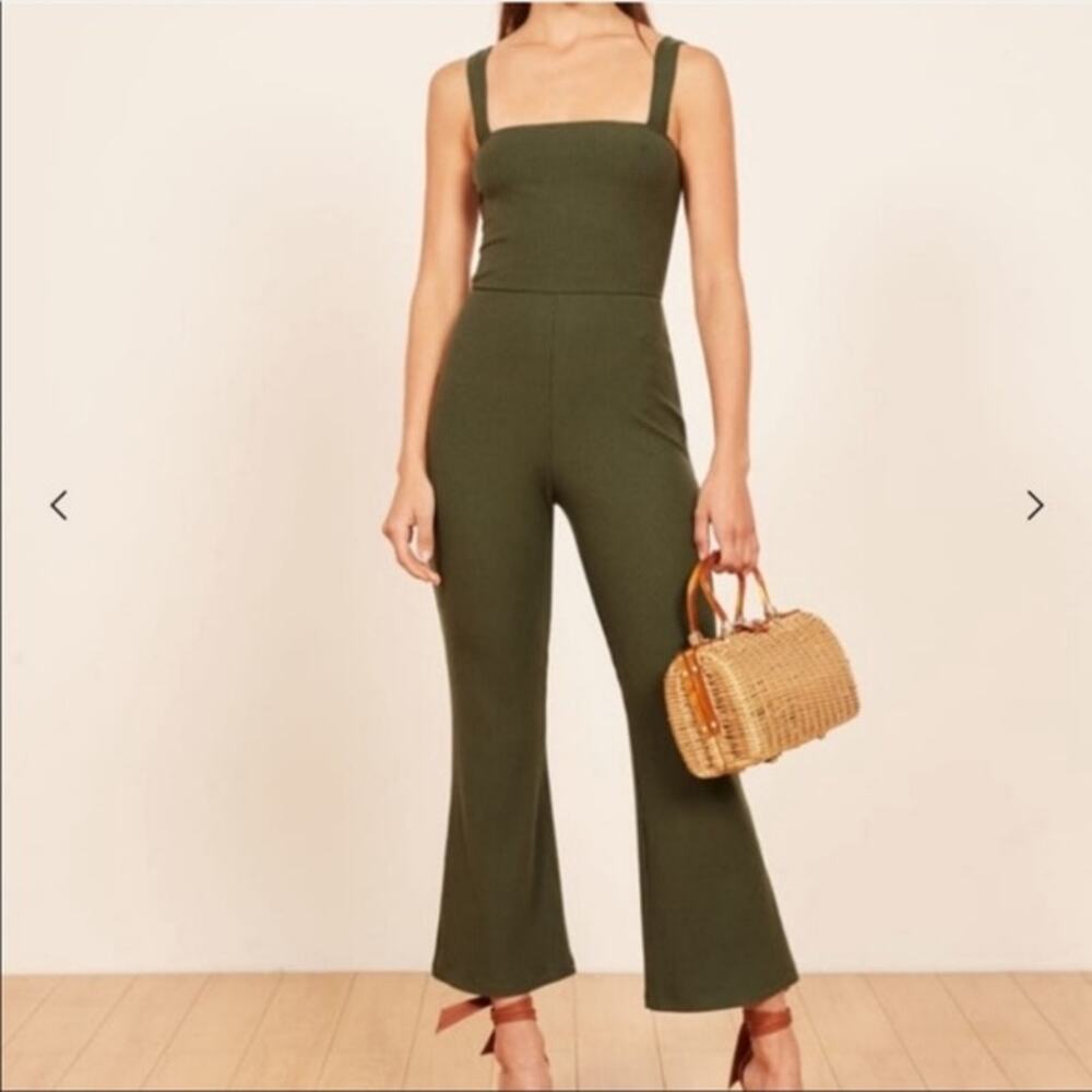 Reformation Essie Cropped Flare Jumpsuit Olive Green Ribbed Knit SZ S